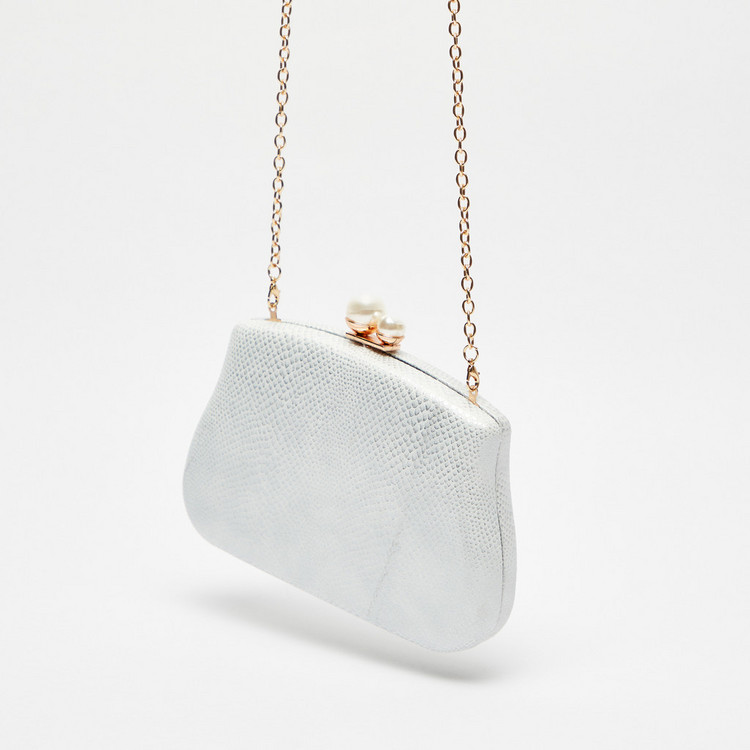 Celeste Textured Clutch with Pearl Accents and Chain Strap