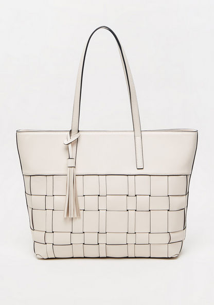 Celeste Weave Textured Shopper Bag with Double Handle and Tassel Detail
