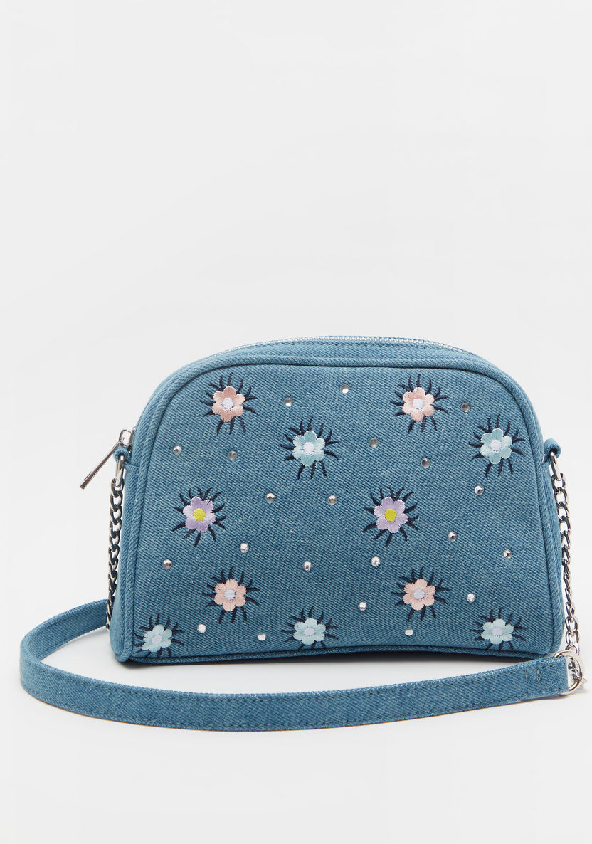 Missy Denim Embroidered Crossbody Bag with Zip Closure and Strap-Women%27s Handbags-image-0