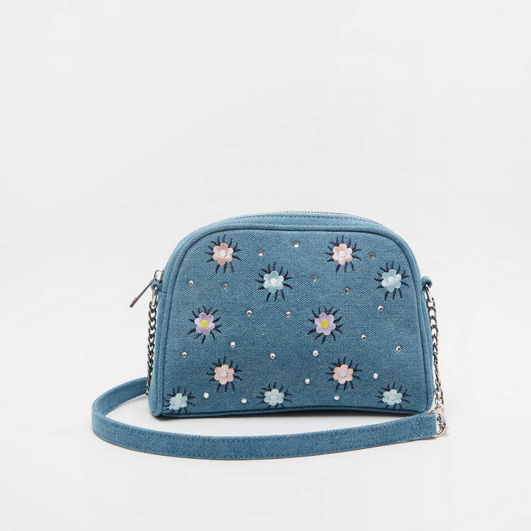 Missy Denim Embroidered Crossbody Bag with Zip Closure and Strap