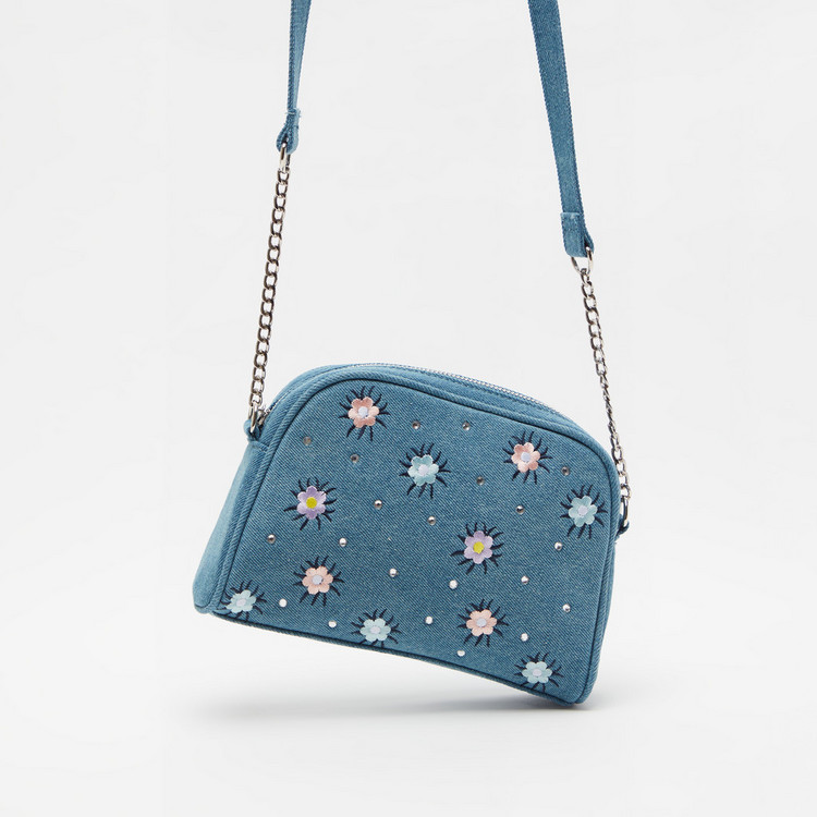 Missy Denim Embroidered Crossbody Bag with Zip Closure and Strap