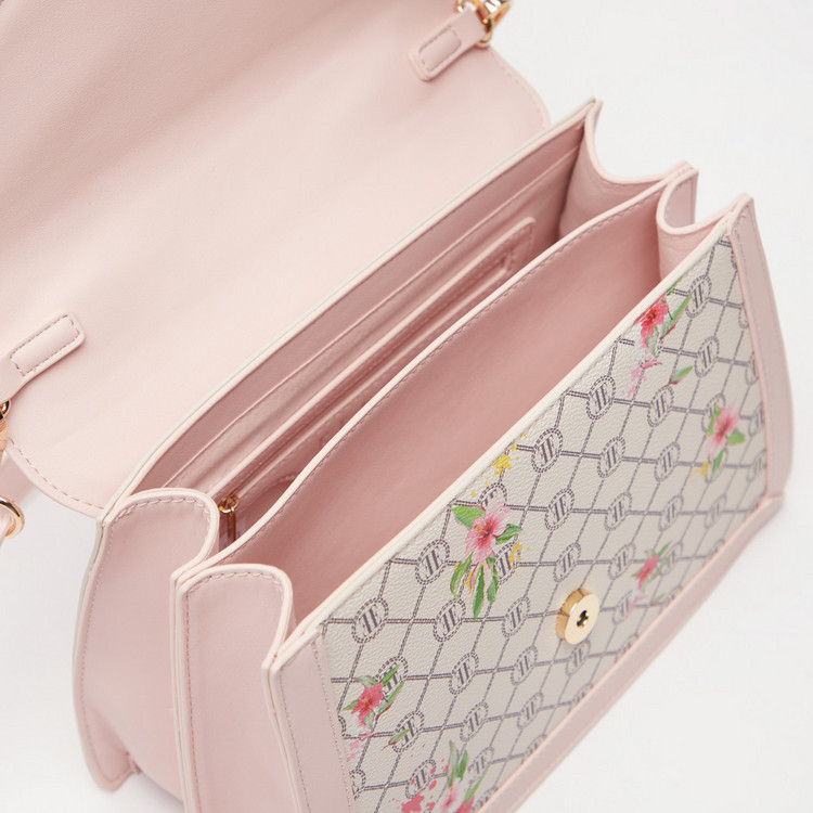 ELLE Floral Print Satchel Bag with Detachable Strap and Grab Handle