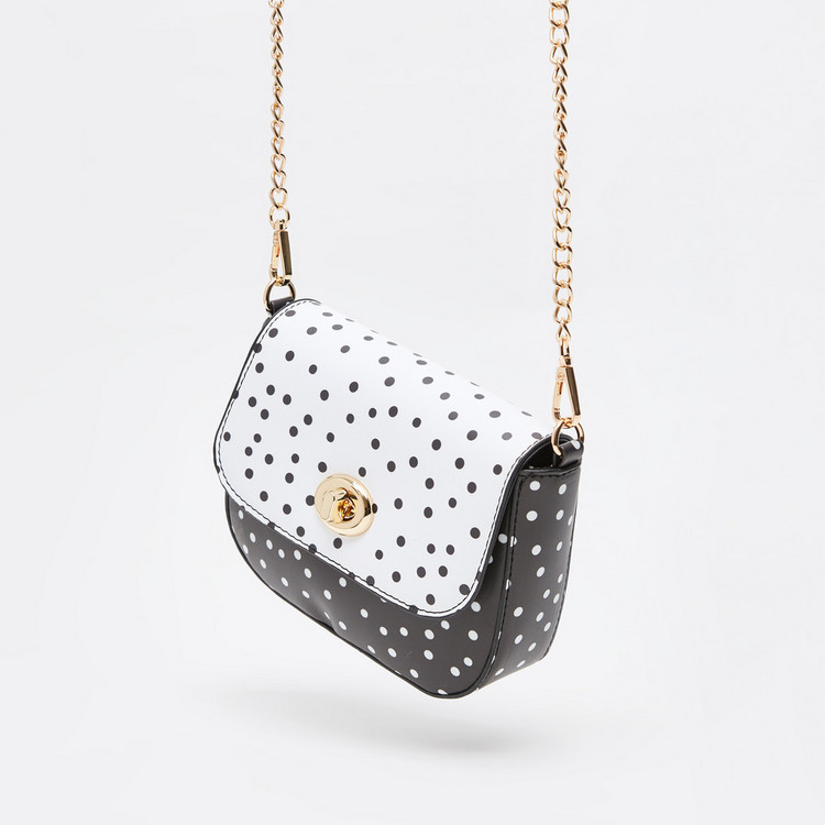 Missy Polka Dot Print Crossbody Bag with Chain Strap and Twist Lock Closure