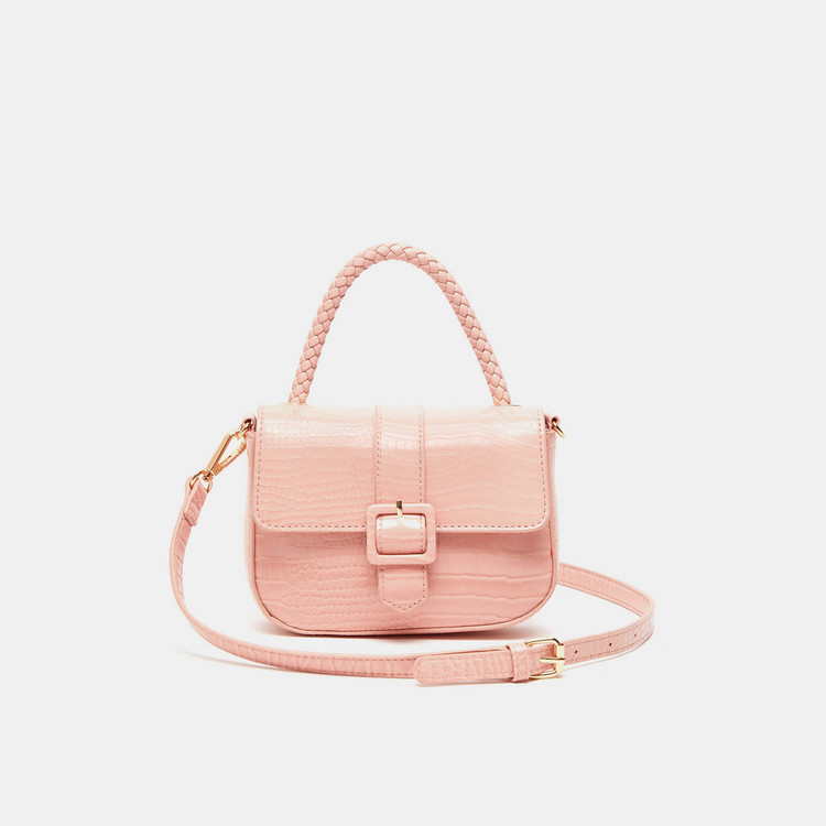 Missy Textured Satchel Bag with Detachable Strap and Buckle Closure