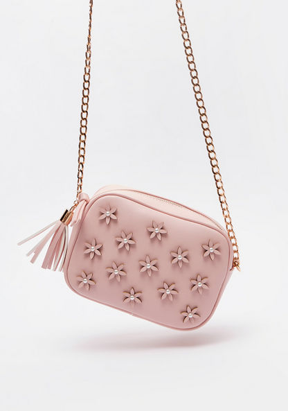 Missy Floral Embellished Crossbody Bag with Chain Link Strap and Zipper