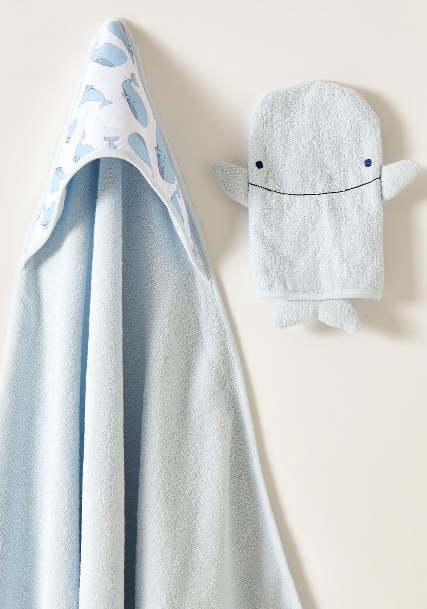 Juniors Whale Print 2-Piece Hooded Towel and Mitten Muppet Set - 75x75 cms-Towels and Flannels-image-1