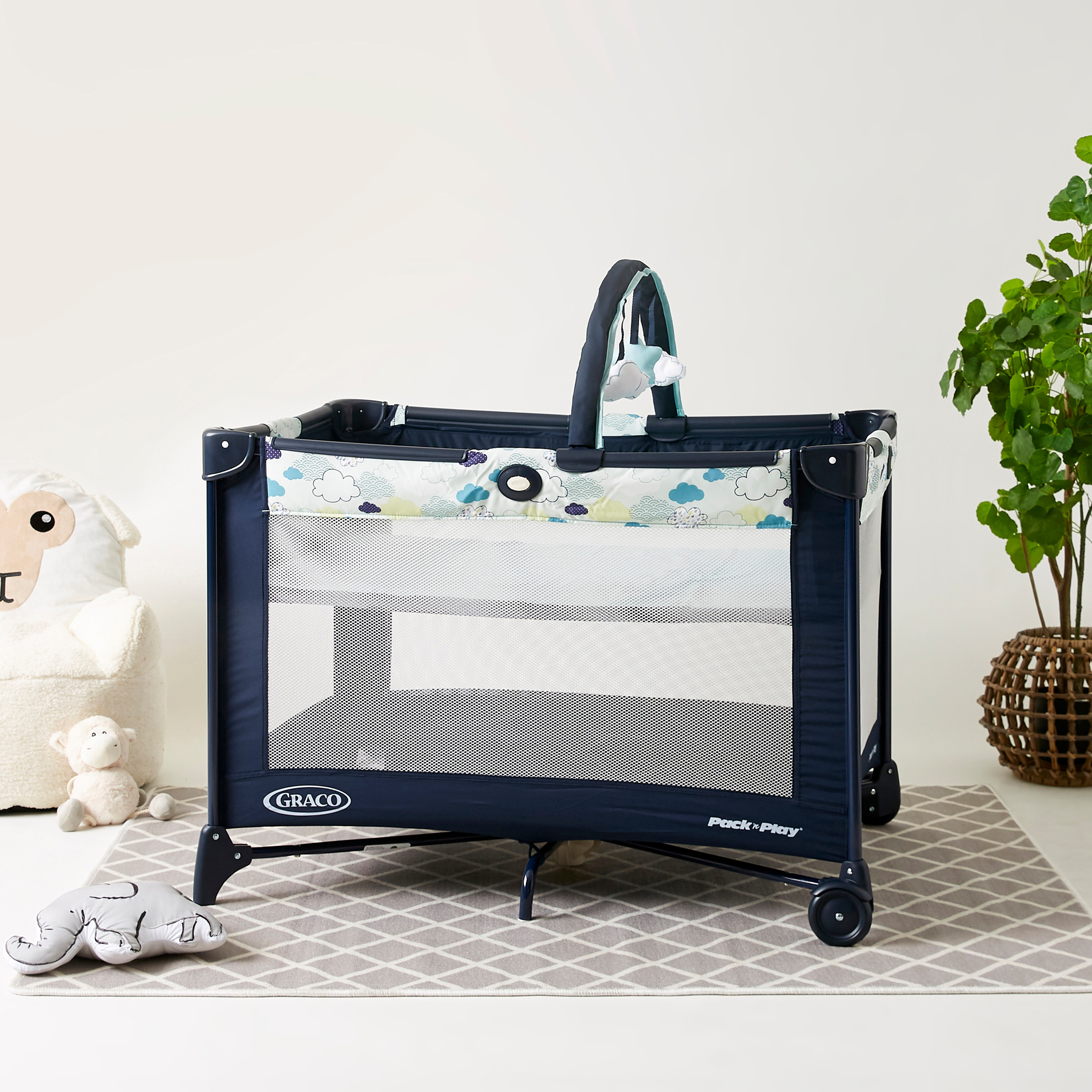 Graco Compact Blue Travel Cot with Signature Graco Push-Button Fold (up to 3 Years)-baby-nursery-furniture-cribsandbeds-travelcots-image-1