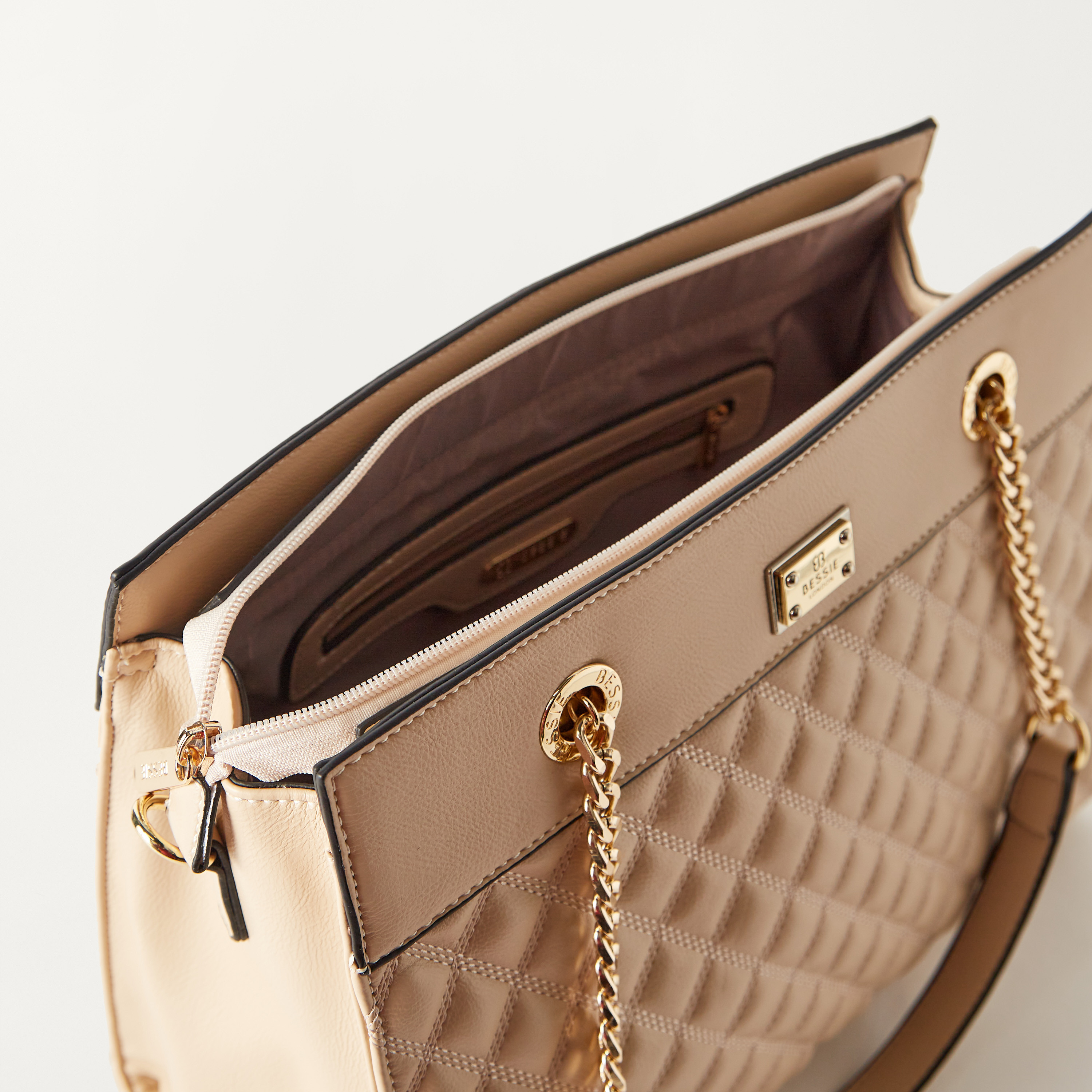Bessie London Quilted Tote Bag with Detachable Strap and Zip Closure-women-bagsandwallets-handbags-image-4