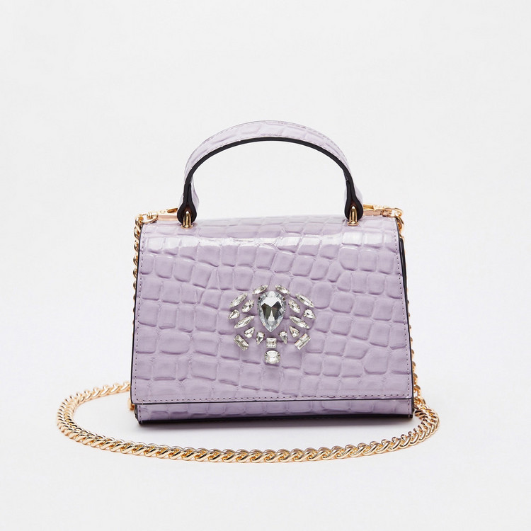 Celeste Textured Satchel Bag with Grab Handle and Embellished Detail