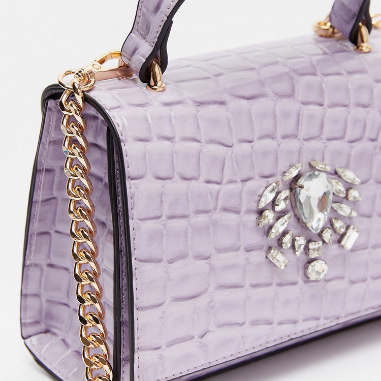 Celeste Textured Satchel Bag with Grab Handle and Embellished Detail