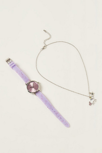 Charmz Printed Round Dial Watch and Necklace Set