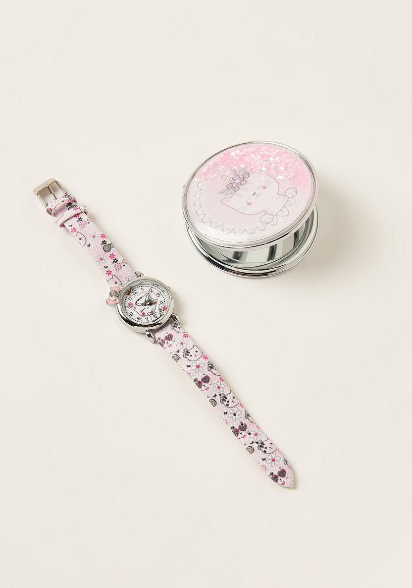 Charmz Cat Print Watch with Pin Buckle Closure and Compact Mirror Set-Watches-image-0