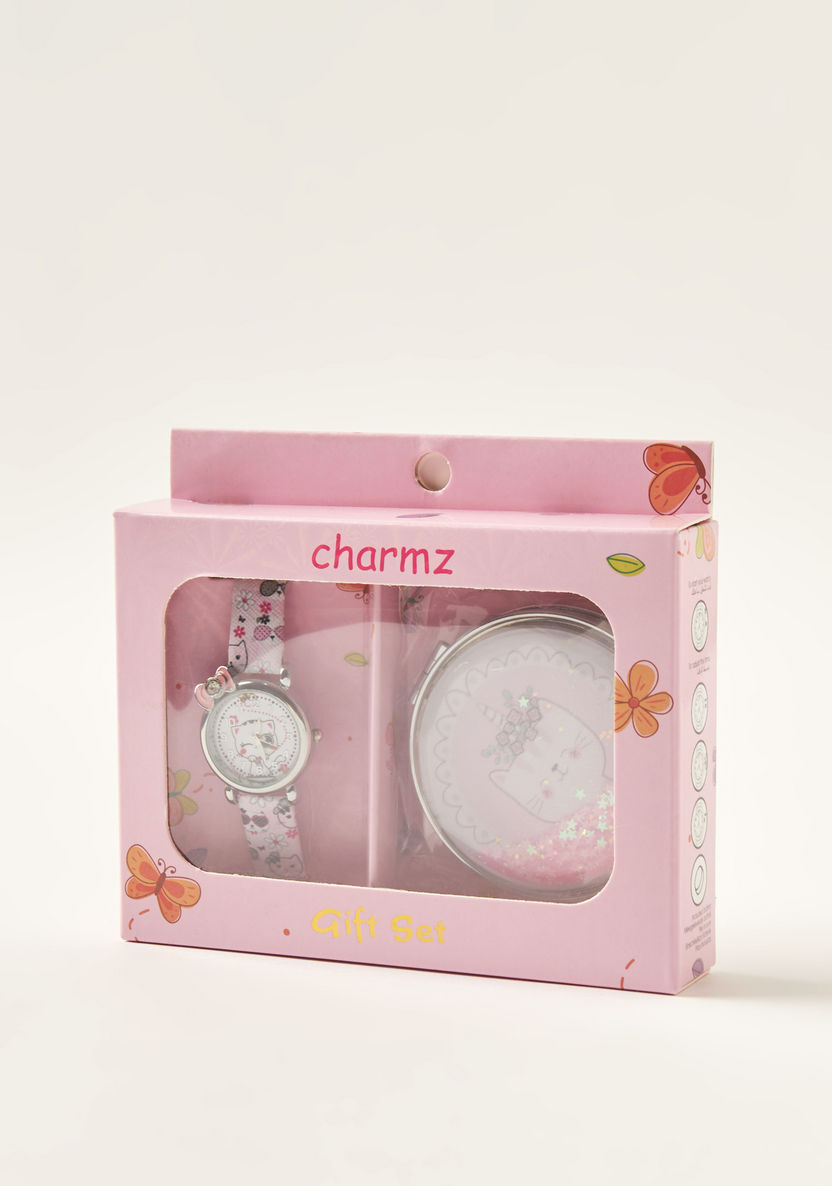 Charmz Cat Print Watch with Pin Buckle Closure and Compact Mirror Set-Watches-image-3