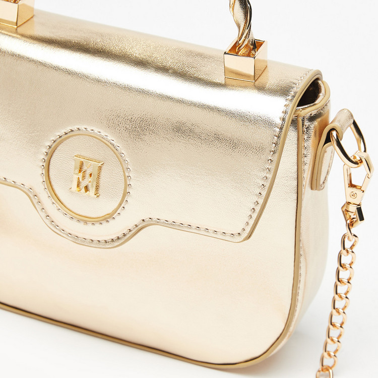 ELLE Solid Satchel Bag with Chain Strap and Metallic Button Closure