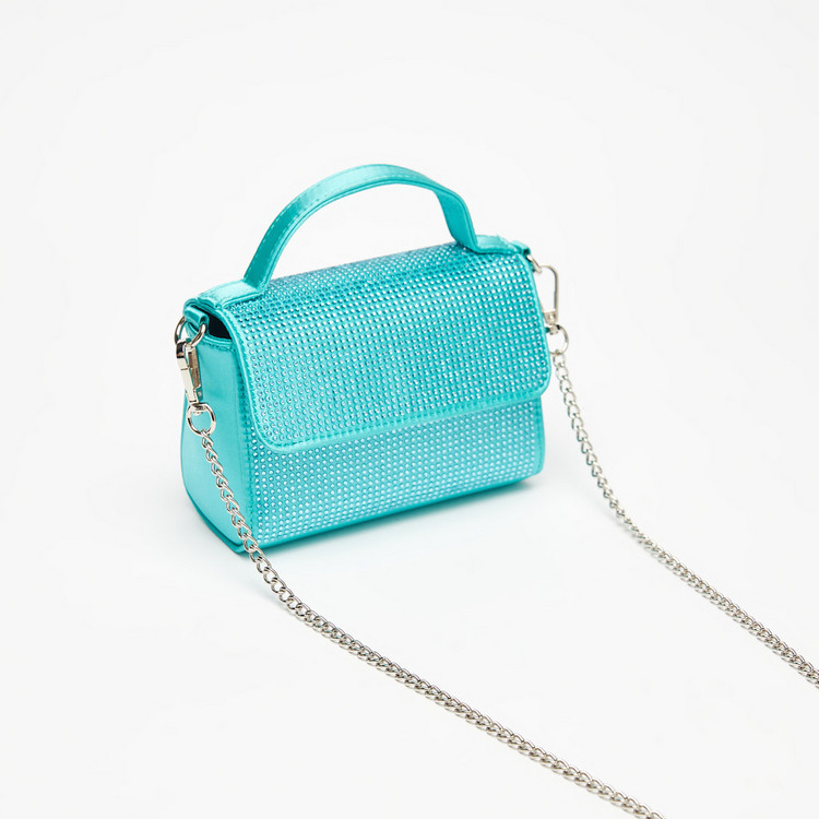 Haadana Embellished Satchel Bag with Grab Handle and Chain Strap