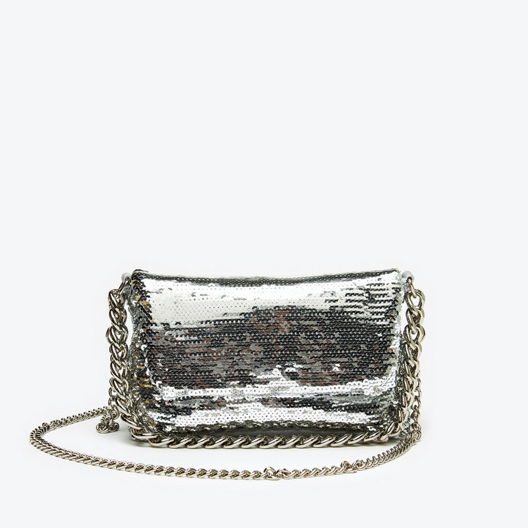 Celeste Sequin Embellished Sling Bag with Chain Detail and Snap Closure