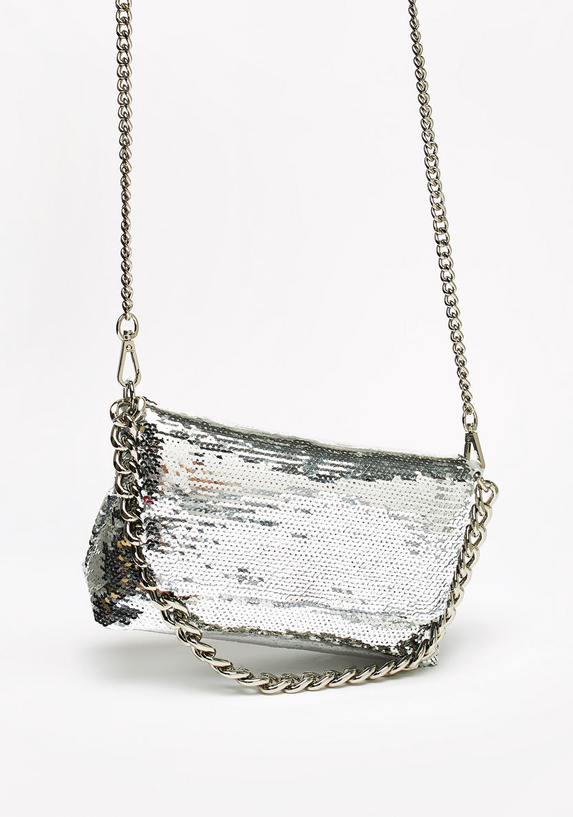 Celeste Sequin Embellished Sling Bag with Chain Detail and Snap Closure-Women%27s Handbags-image-1