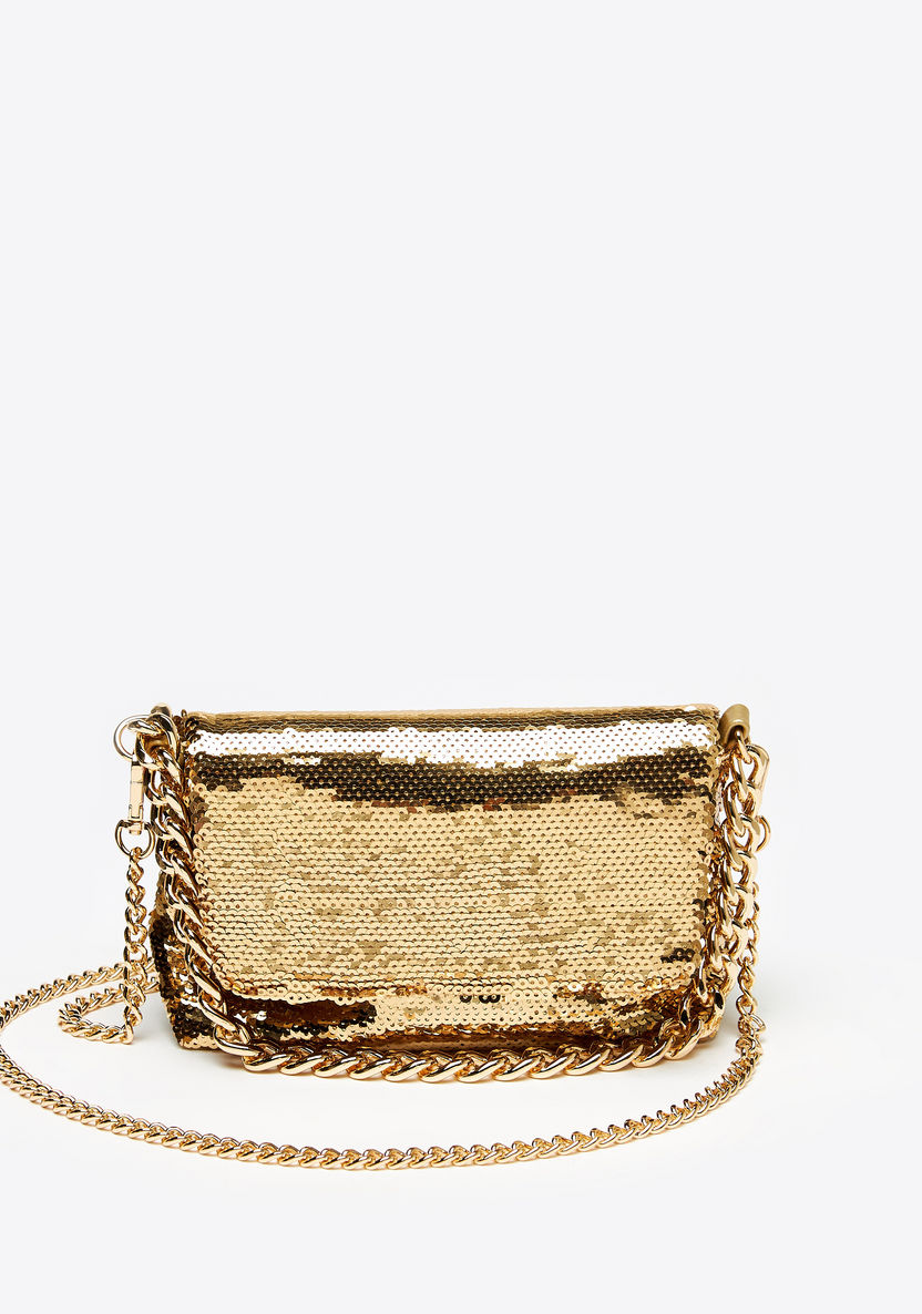 Celeste Sequin Embellished Sling Bag with Chain Detail and Snap Closure-Women%27s Handbags-image-0