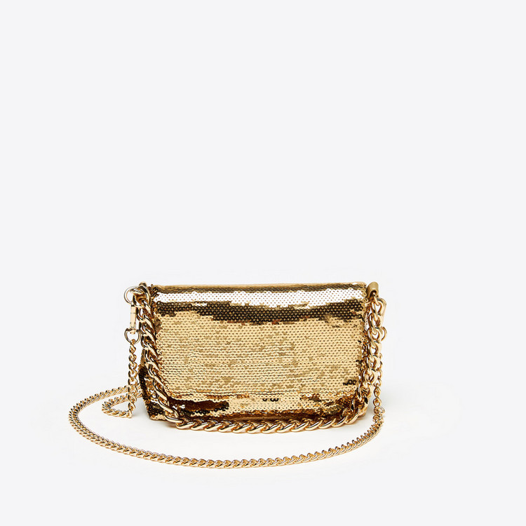 Celeste Sequin Embellished Sling Bag with Chain Detail and Snap Closure