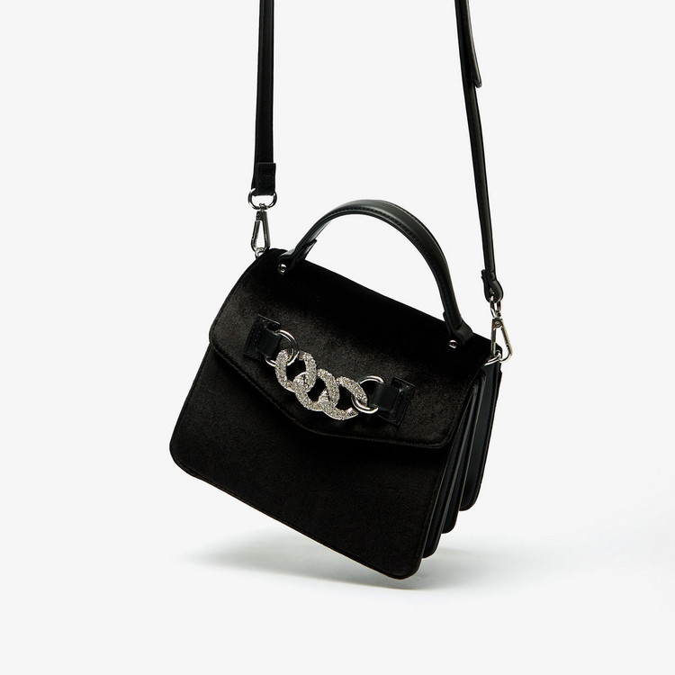 Celeste Satchel Bag with Detachable Strap and Pave Chain Detail