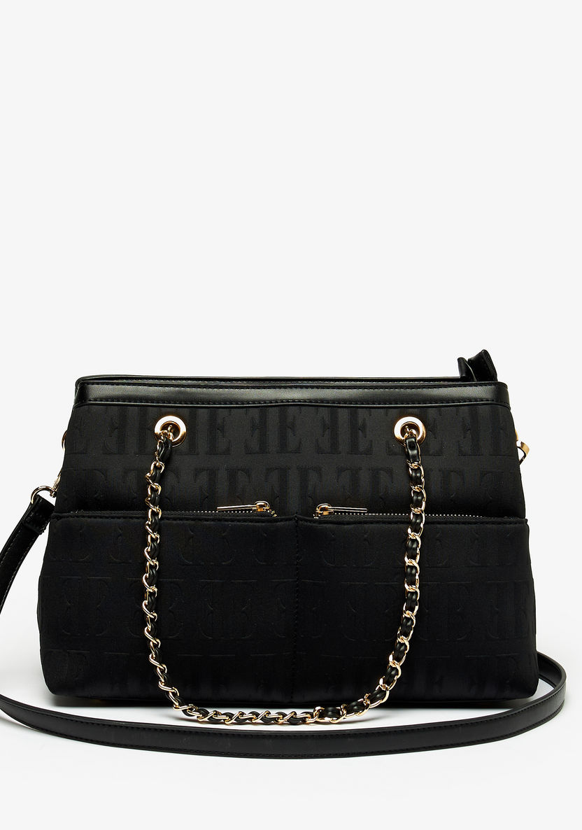 ELLE Monogram Embossed Shoulder Bag with Detachable Strap and Zip Closure-Women%27s Handbags-image-0