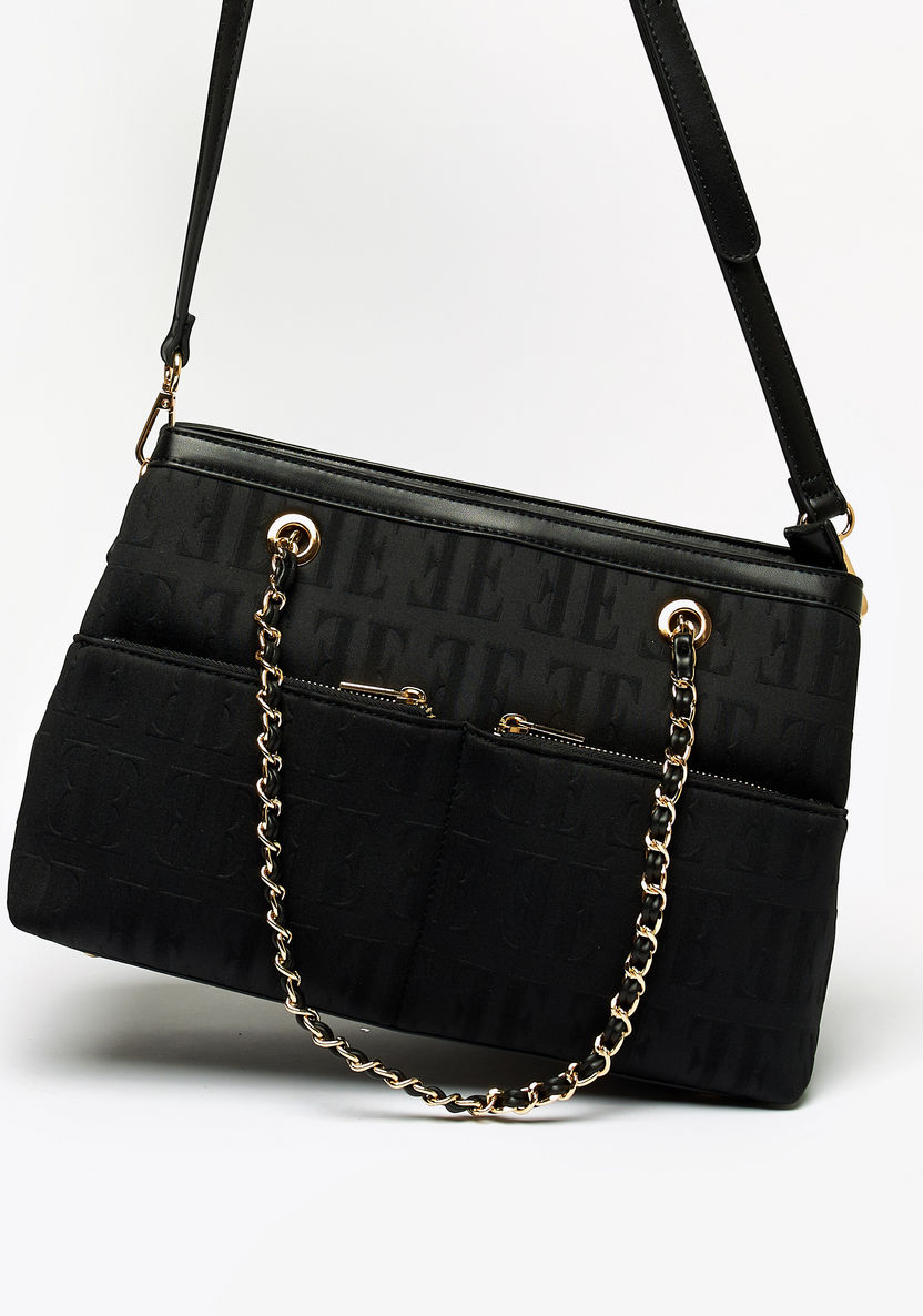 ELLE Monogram Embossed Shoulder Bag with Detachable Strap and Zip Closure-Women%27s Handbags-image-1