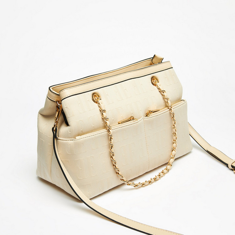 ELLE Monogram Embossed Shoulder Bag with Detachable Strap and Zip Closure