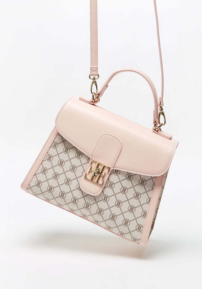ELLE Monogram Print Satchel Bag with Detachable Strap and Flap Closure-Women%27s Handbags-image-1