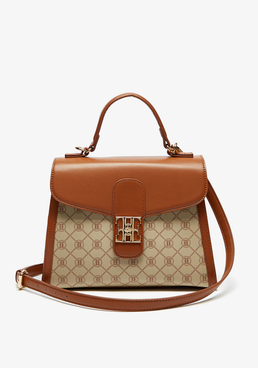 ELLE Monogram Print Satchel Bag with Detachable Strap and Flap Closure-Women%27s Handbags-image-0