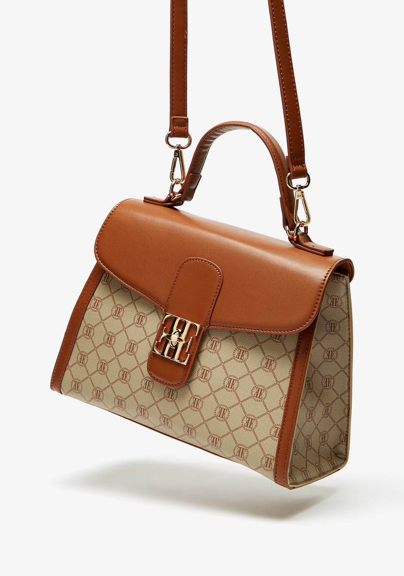 ELLE Monogram Print Satchel Bag with Detachable Strap and Flap Closure-Women%27s Handbags-image-1