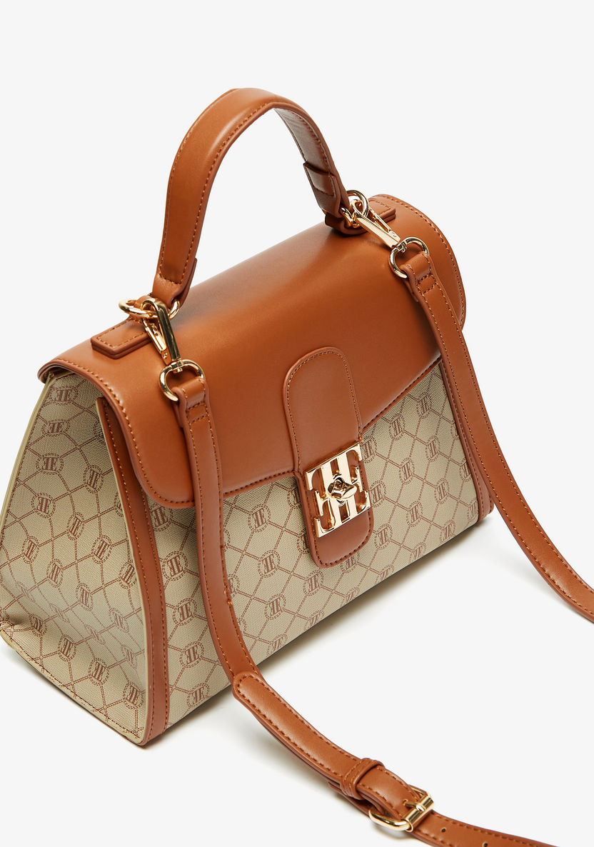 ELLE Monogram Print Satchel Bag with Detachable Strap and Flap Closure-Women%27s Handbags-image-2
