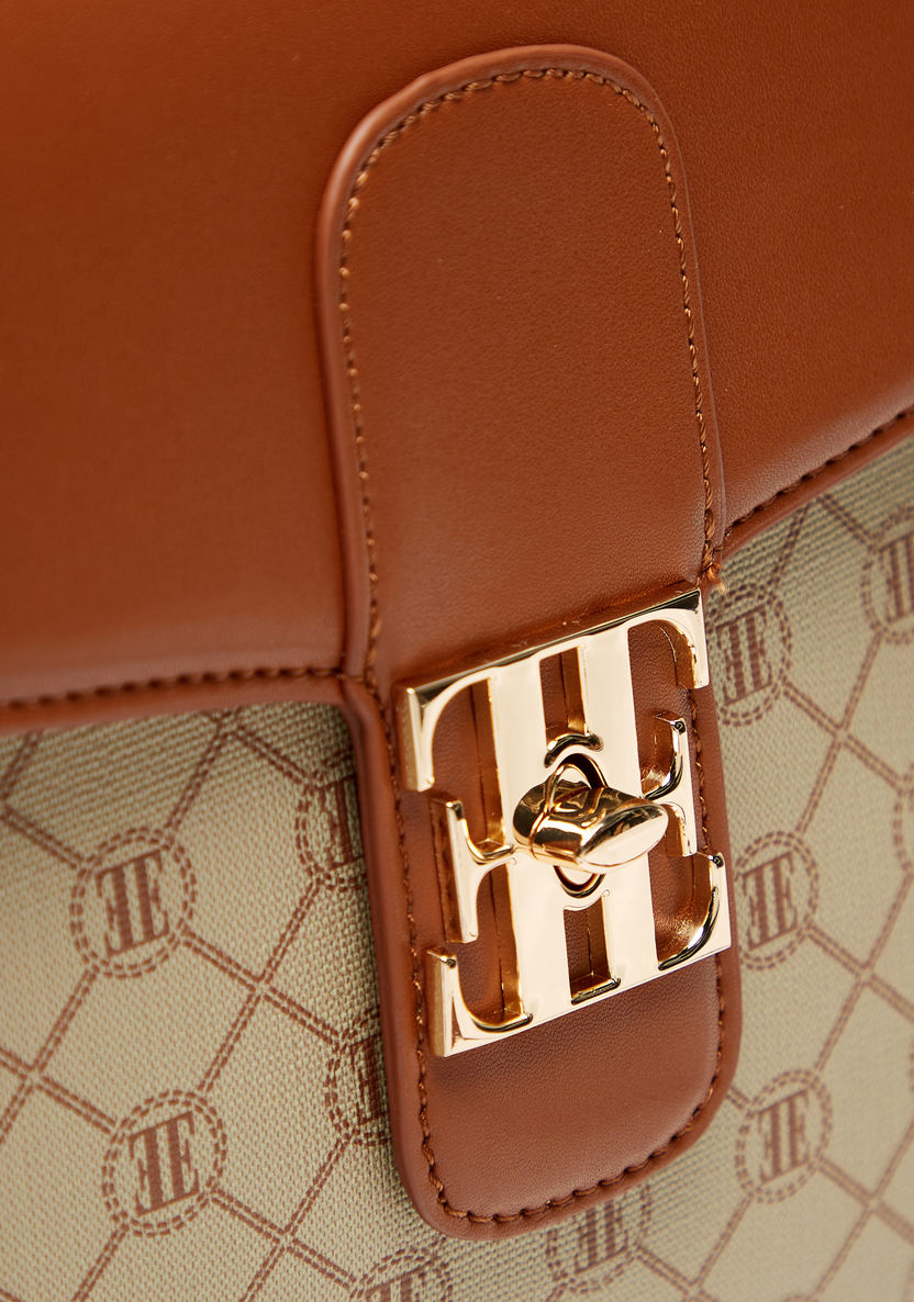 ELLE Monogram Print Satchel Bag with Detachable Strap and Flap Closure-Women%27s Handbags-image-3