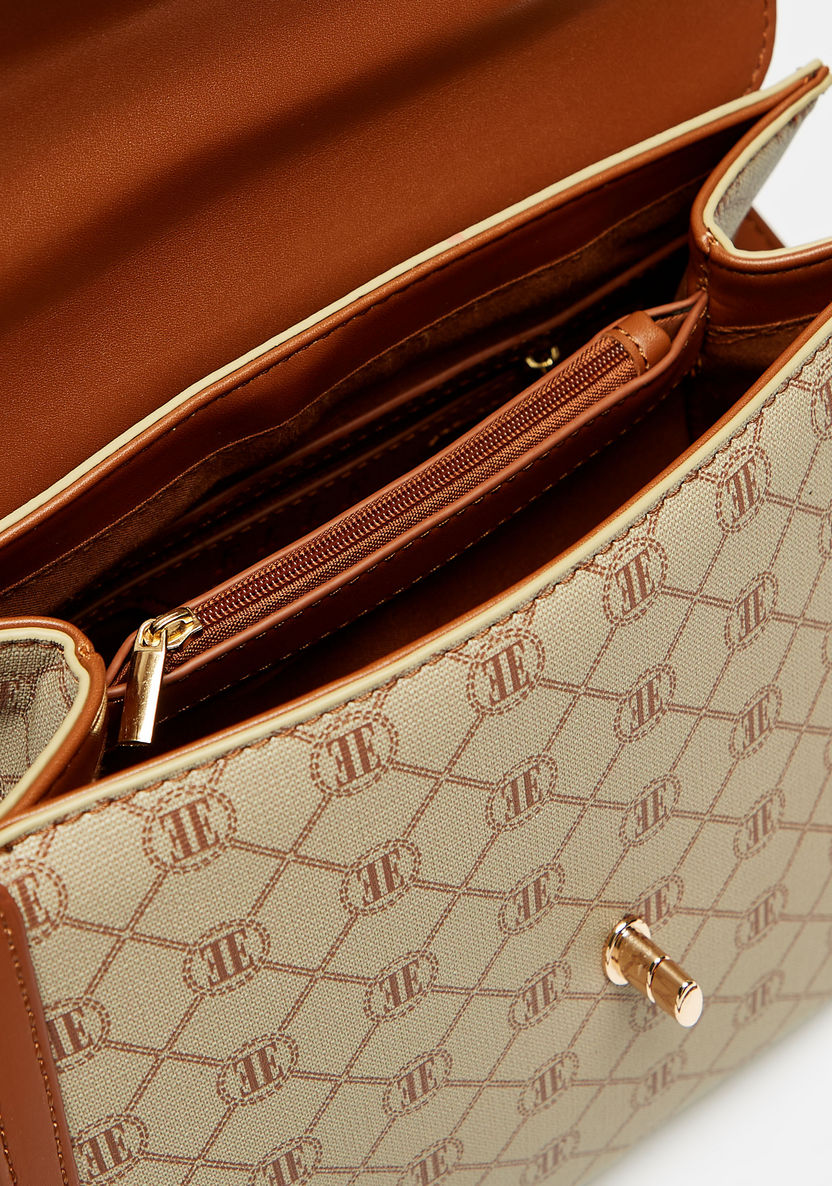 ELLE Monogram Print Satchel Bag with Detachable Strap and Flap Closure-Women%27s Handbags-image-4