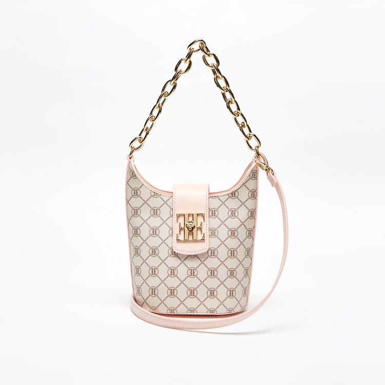 ELLE Logo Print Bucket Bag with Chainlink Accent