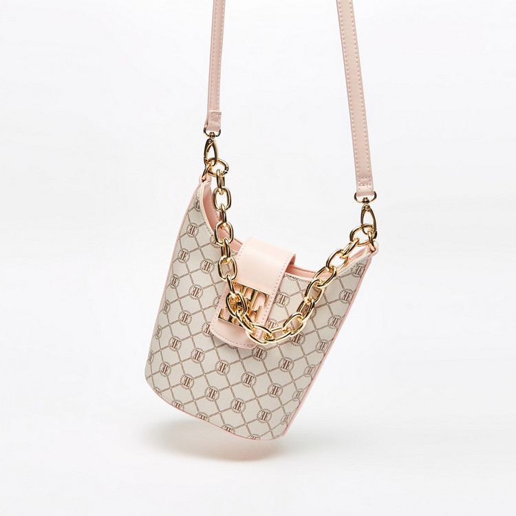 ELLE Logo Print Bucket Bag with Chainlink Accent