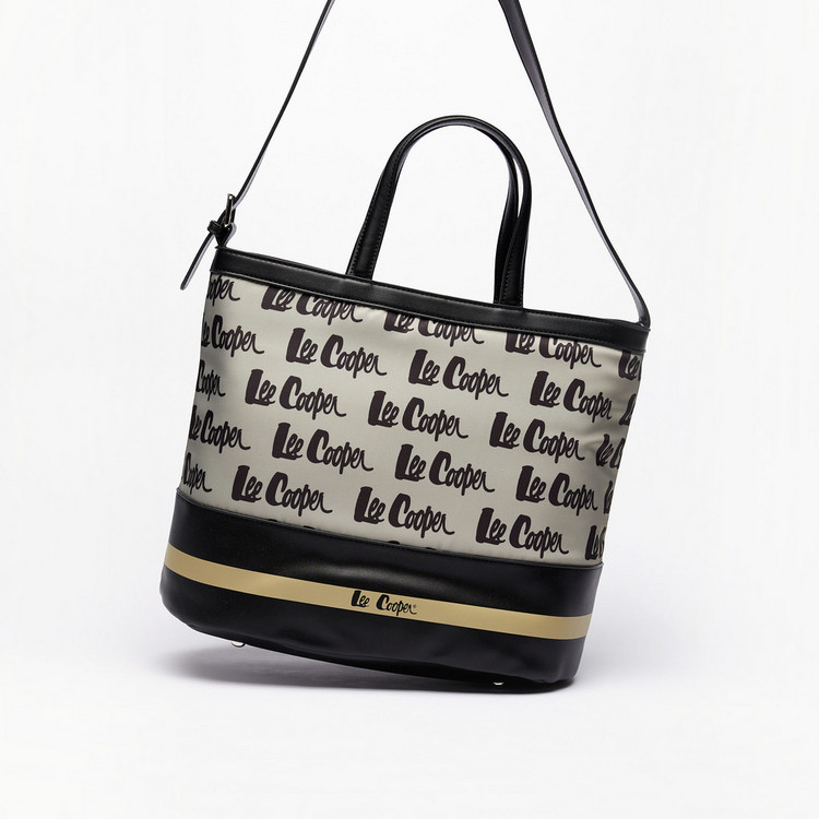 Lee Cooper Monogram Print Shopper Bag with Double Handle and Zip Closure