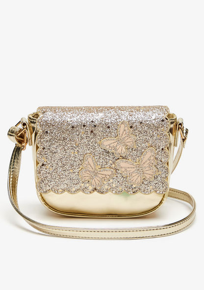 Little Missy Glitter Textured Handbag with Butterfly Accents