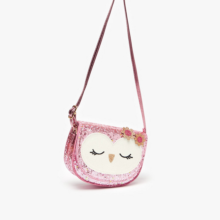 Little Missy Glitter Textured Handbag with Owl Applique