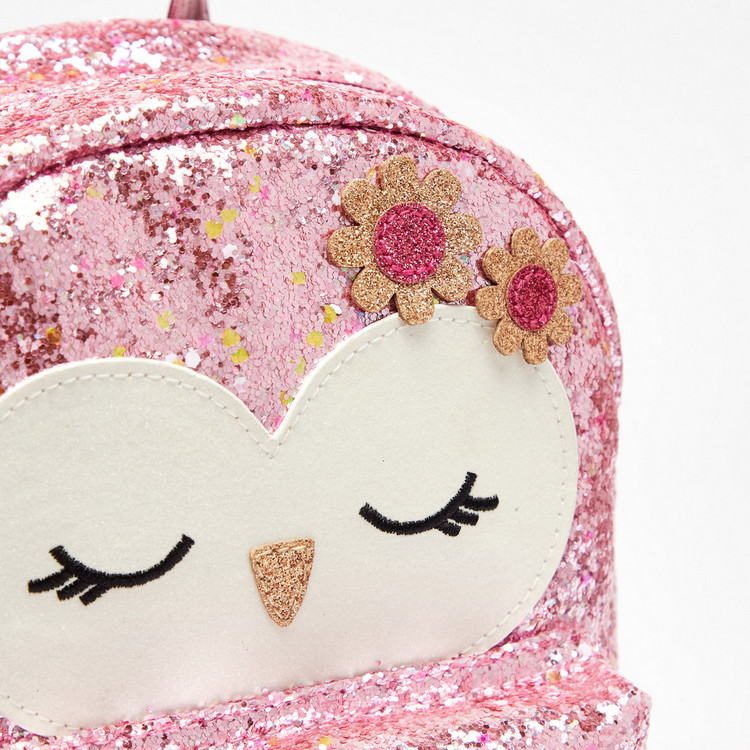 Little Missy Owl Applique Backpack with Glitter Detail and Zip Closure