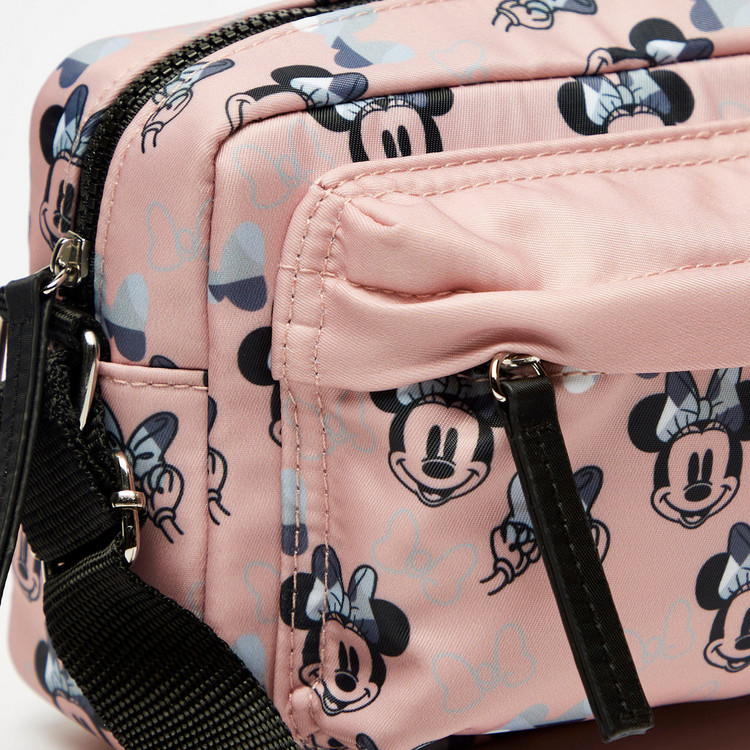 Minnie Mouse Print Crossbody Bag with Adjustable Strap and Zip Closure
