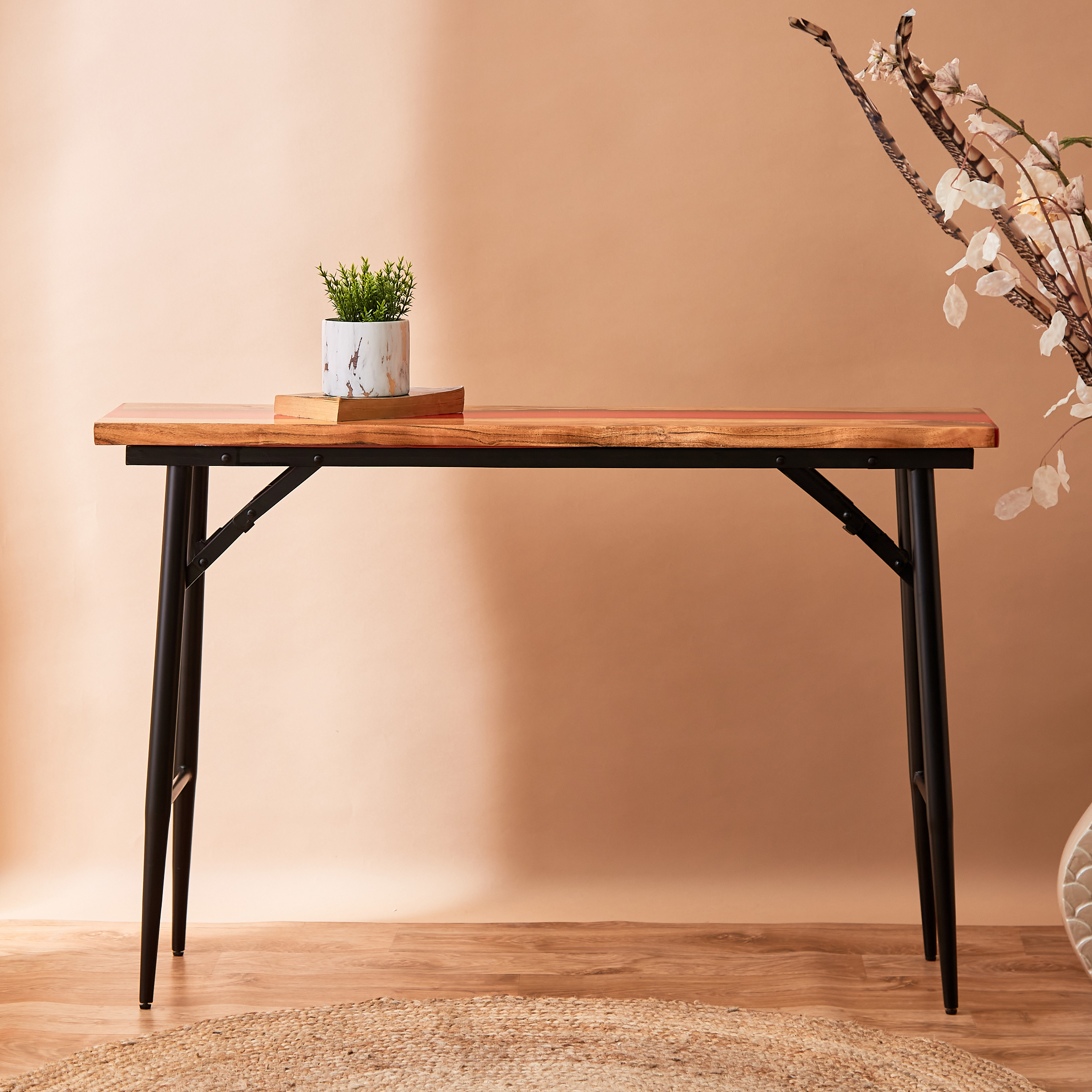 Wood top store console table