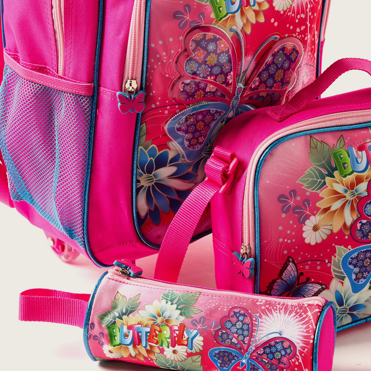 Juniors Butterfly Print Trolley Backpack with Lunch Bag and Pencil Case