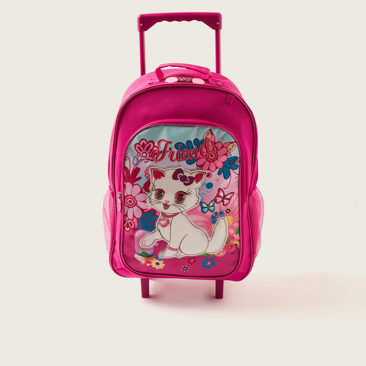 Marie Cat Printed Trolley Backpack with Lunch Bag and Pencil Case