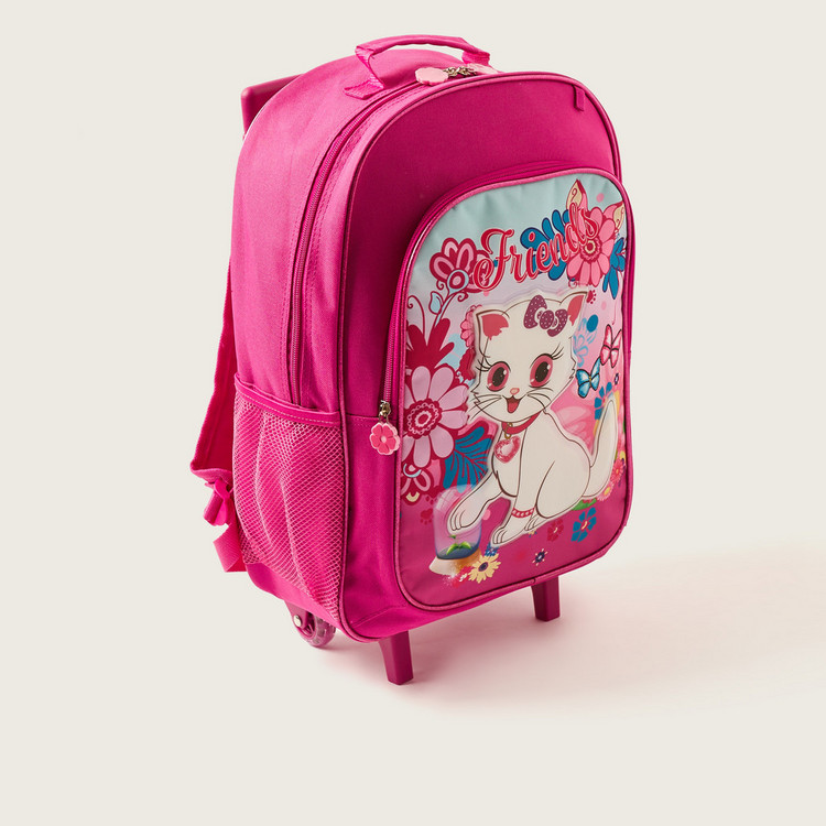 Marie Cat Printed Trolley Backpack with Lunch Bag and Pencil Case