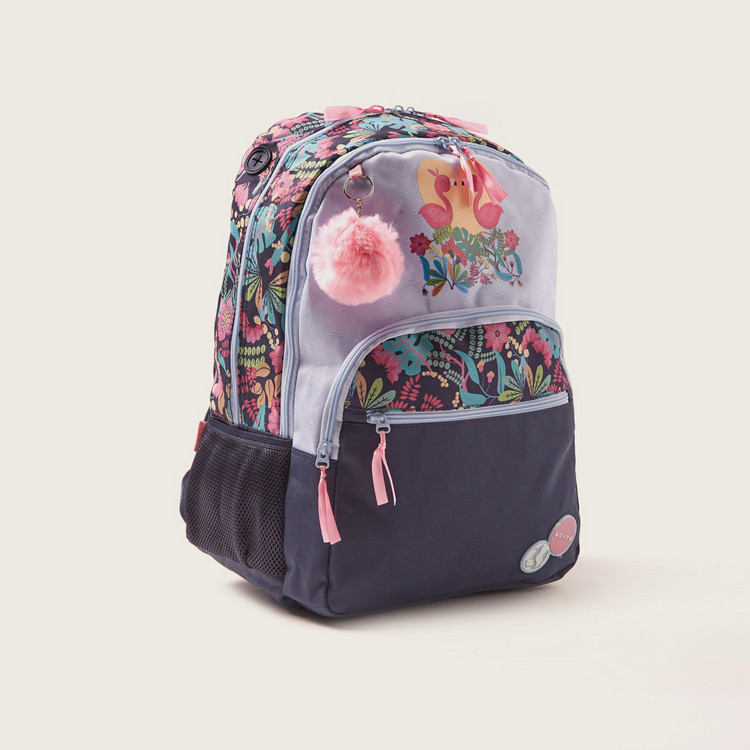 Movom Printed Backpack with Pom Pom Charm - 18 inches