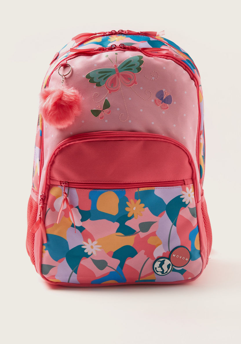Movom Printed Backpack with Pom Pom Keychain and Zip Closure - 18 inches-Backpacks-image-0