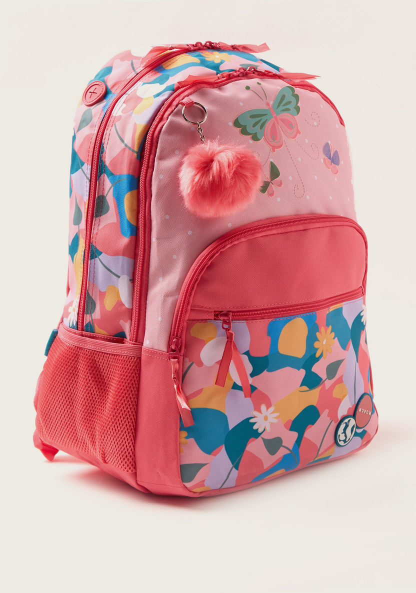 Movom Printed Backpack with Pom Pom Keychain and Zip Closure - 18 inches-Backpacks-image-1