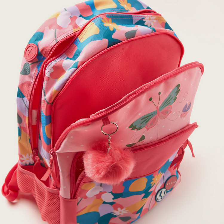 Movom Printed Backpack with Pom Pom Keychain and Zip Closure - 18 inches