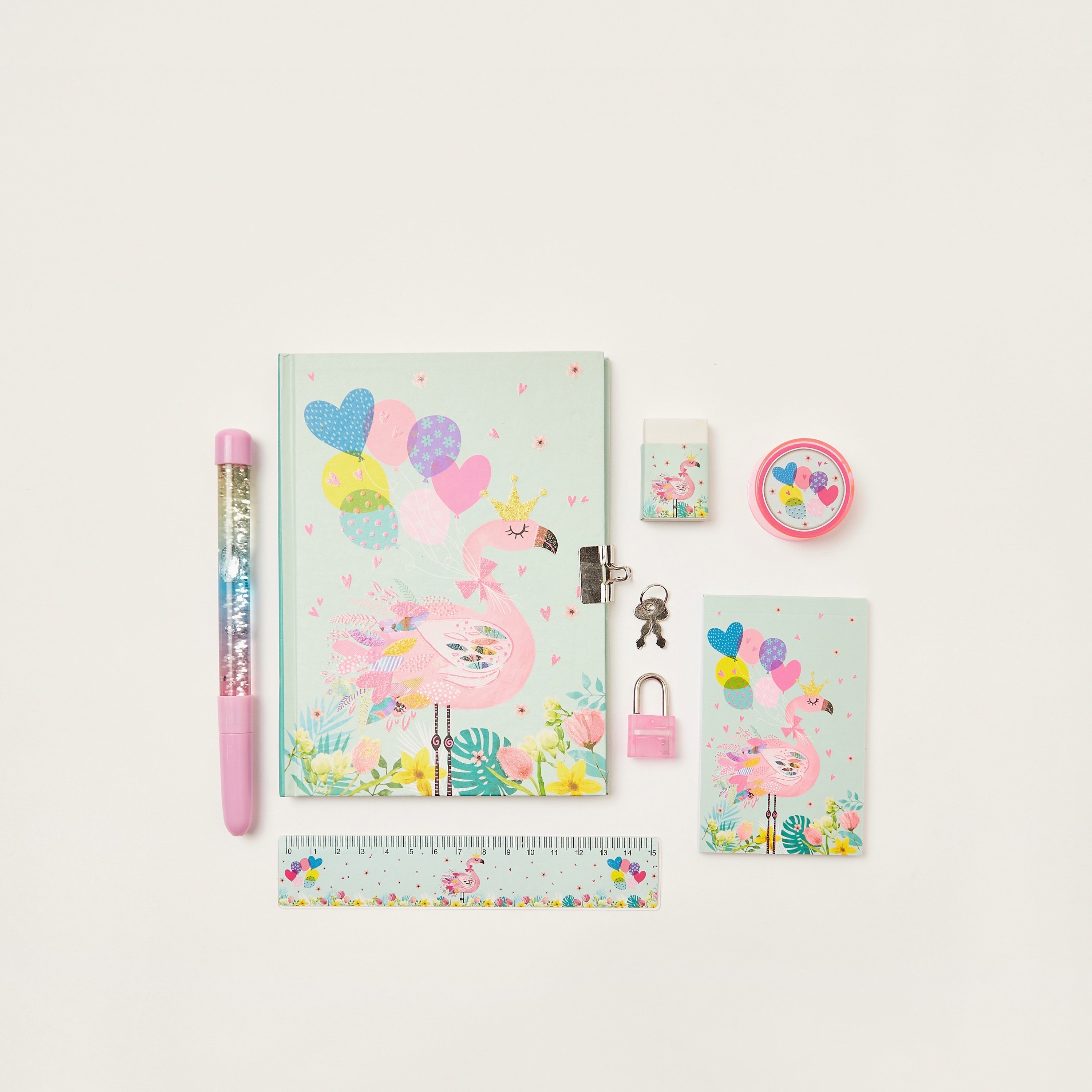 Juniors Flamingo Print 6-Piece Padlock Diary Set-school-stationery-notebooks-image-1