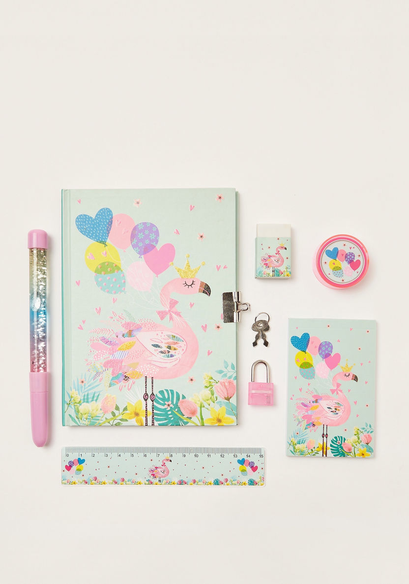 Juniors Flamingo Print 6-Piece Padlock Diary Set-Notebooks-image-0